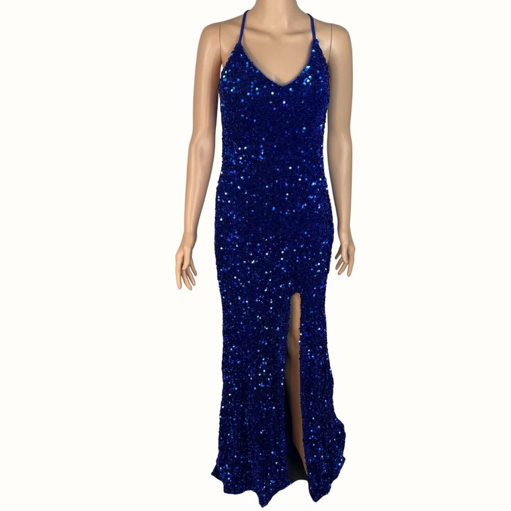 Royal Blue Sequin V-Neck Backless Formal Gown With Thigh High Slit and Train XS